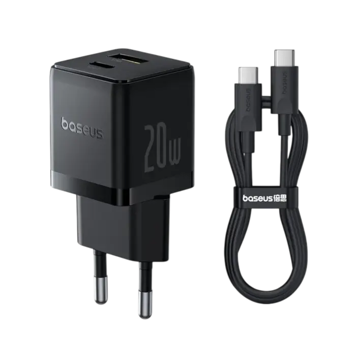Baseus 20W snellader met USB-A en USB-C PD 3.0 poort, inclusief 1m USB-C kabel