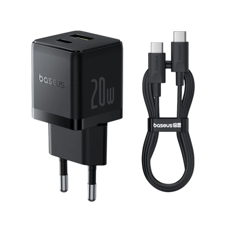 Baseus 20W snellader met USB-A en USB-C PD 3.0 poort, inclusief 1m USB-C kabel