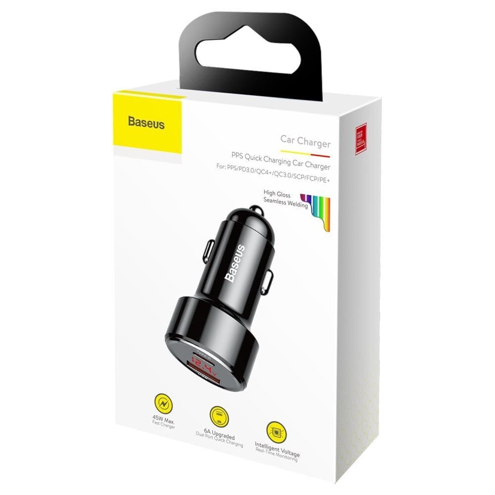 Baseus 45W snelle autolader met USB-C PD 3.0 en USB-A QC 3.0, led-voltmeter, 12-24V, type BS-C20C (CCMLC20C-01)