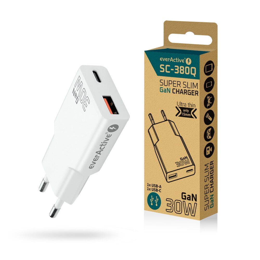 everActive 30W GaN snellader met USB-C PD en USB-A QC 3.0, super slim (15 mm dik) met geïntegreerde stekker, type SC-380Q