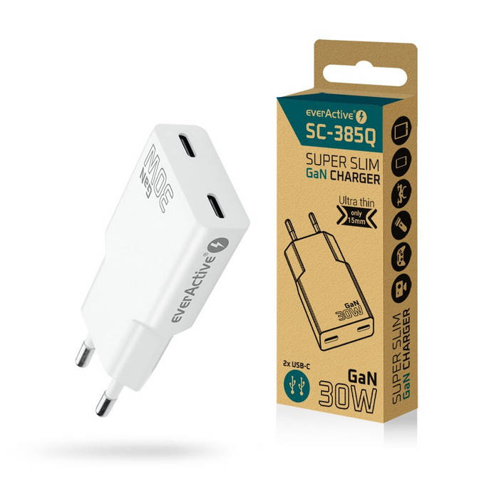 everActive 30W GaN snellader met 2x USB-C PD, super slim (15 mm dik) met geïntegreerde stekker, type SC-385Q
