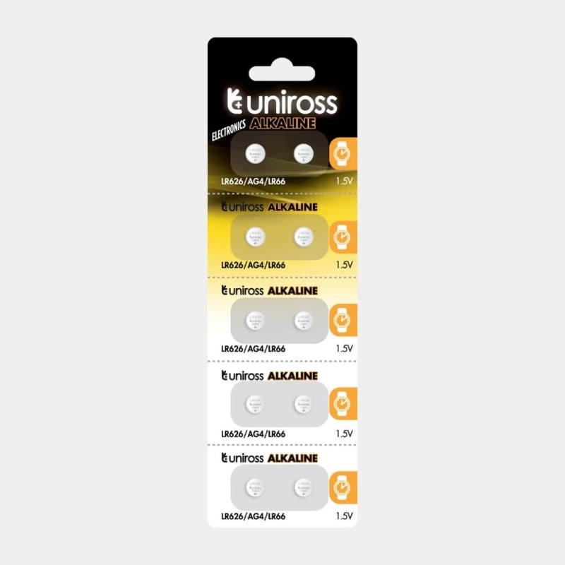 Uniross AG4 (LR66 / LR626 / 377) alkaline knoopcelbatterij 1,5V, blister van 10 stuks