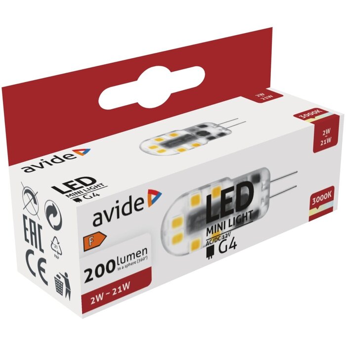 Avide LED insteeklamp G4 2W, 12V DC, 3000K warm wit, 200 lumen, niet dimbaar, type ABG4WW-2W-B