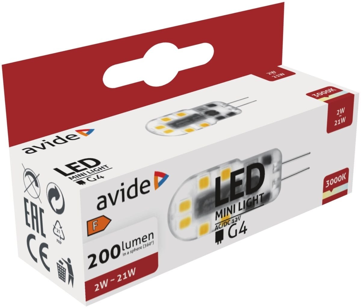 Avide LED insteeklamp G4 2W, 12V DC, 3000K warm wit, 200 lumen, niet dimbaar, type ABG4WW-2W-B