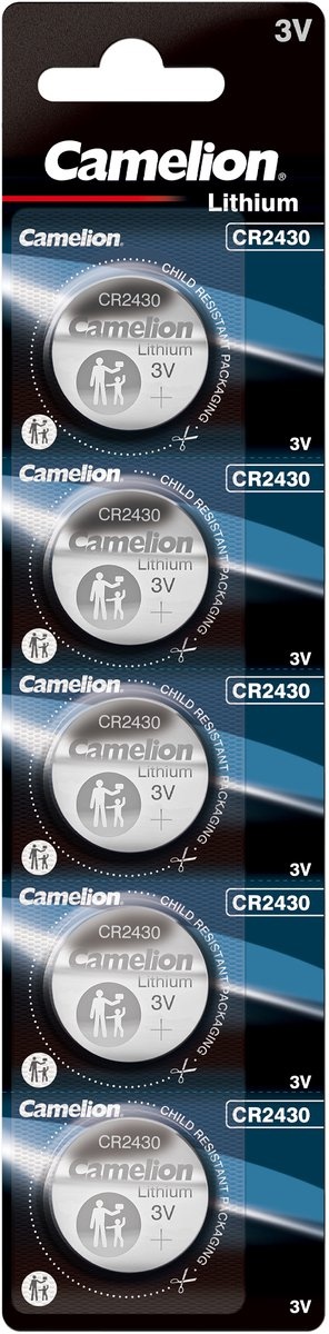 Camelion CR2430 lithium knoopcelbatterij 3V, 270 mAh, blister van 5 stuks (ook DL2430 / ECR2430)