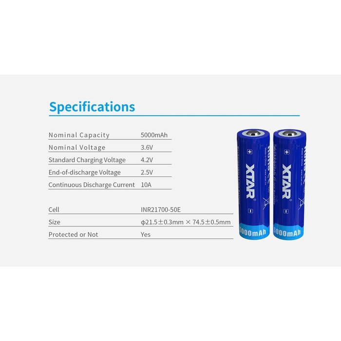XTAR 21700 Oplaadbare Li-ion Accu 3.6V 5000mAh met Beveiliging (PCM) - Button Top - INR21700-50E