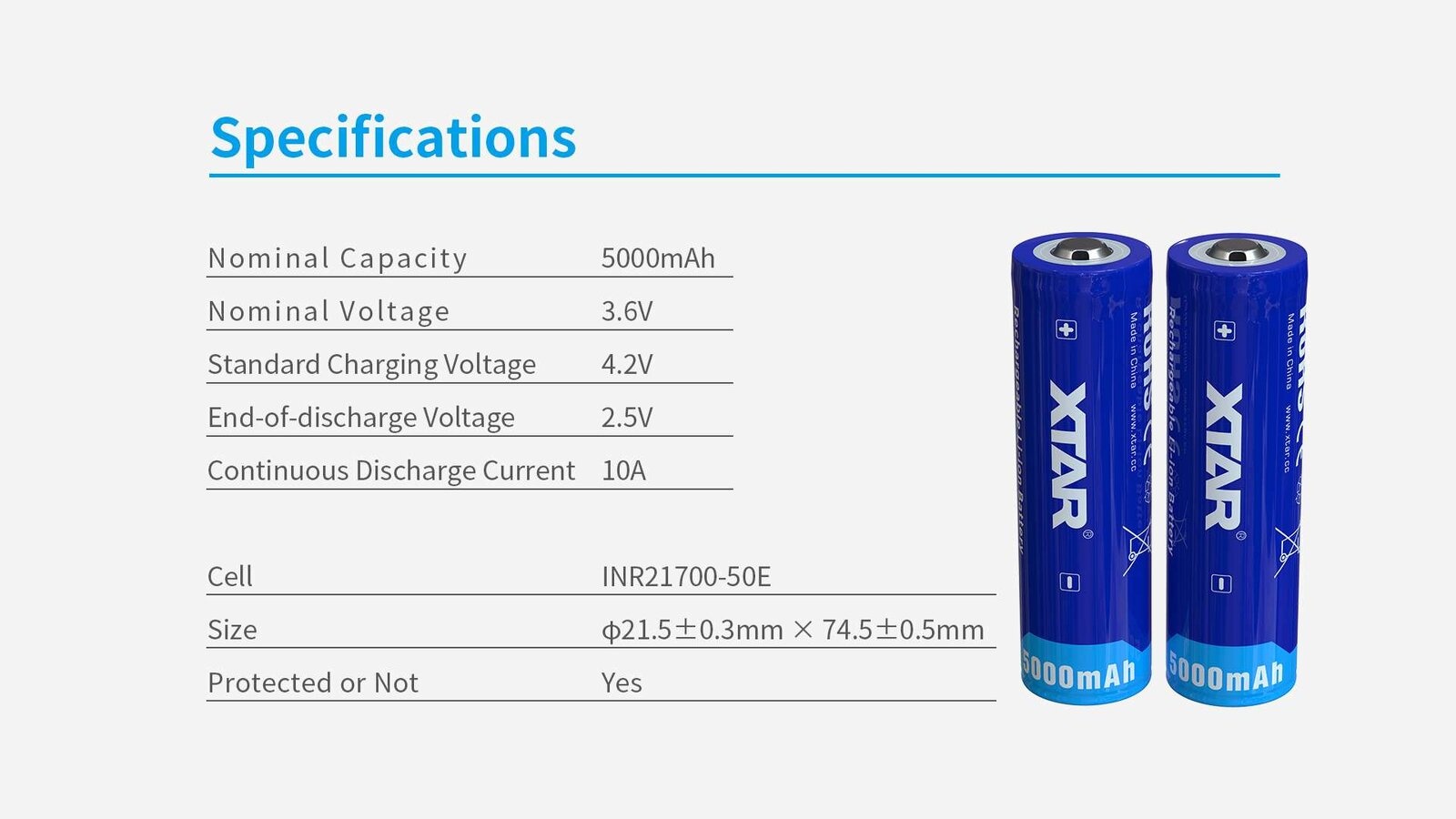XTAR 21700 Oplaadbare Li-ion Accu 3.6V 5000mAh met Beveiliging (PCM) - Button Top - INR21700-50E