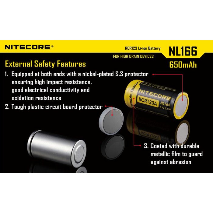 Nitecore RCR123A Li-ion battery NL166 650mah
