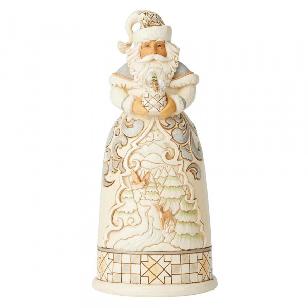 White Woodland Santa with Globe - kerstman