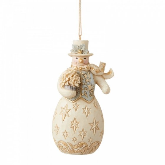 Jim Shore Holiday Lustre Snowman with Poinsettia hanging ornament