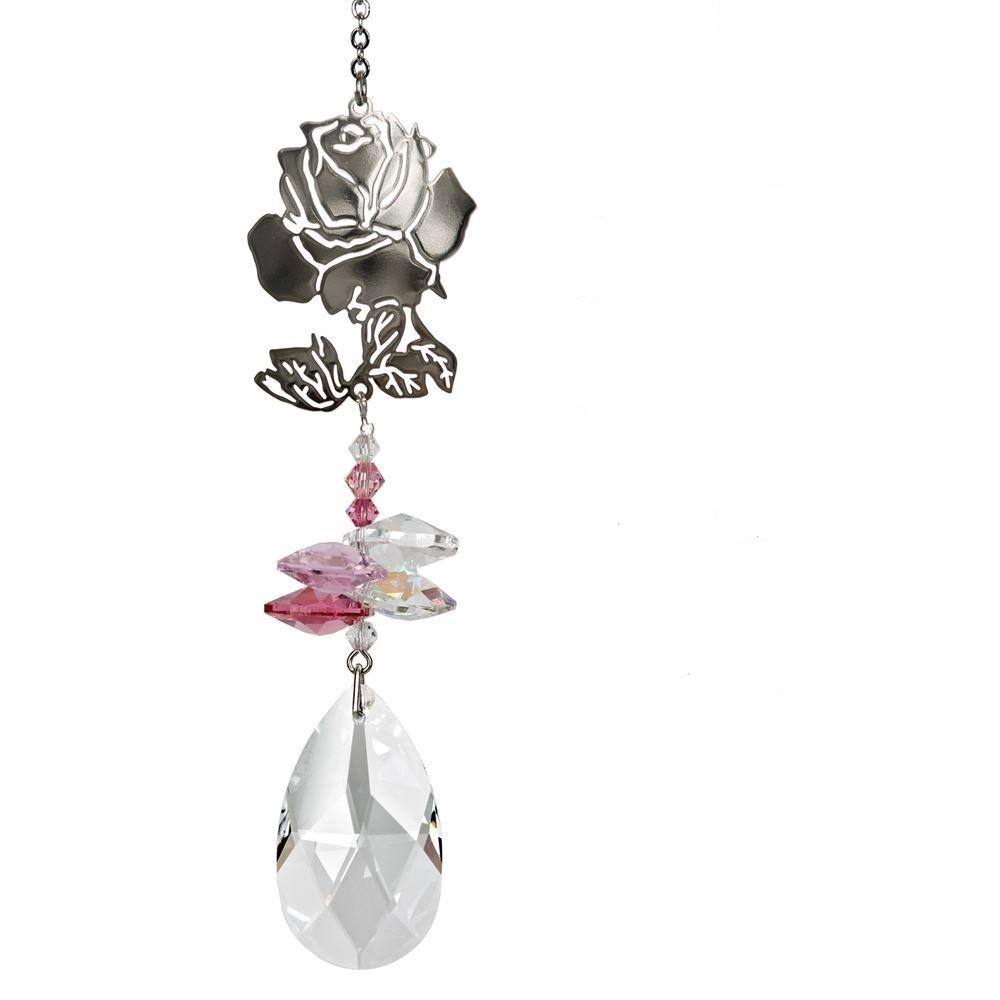 Suncatcher roze roos met kristal