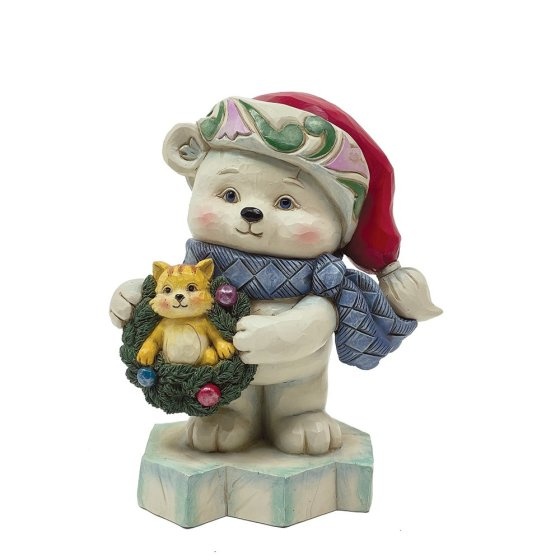 Jim Shore Bear with Kitten in Wreath pint sized kerstbeeldje