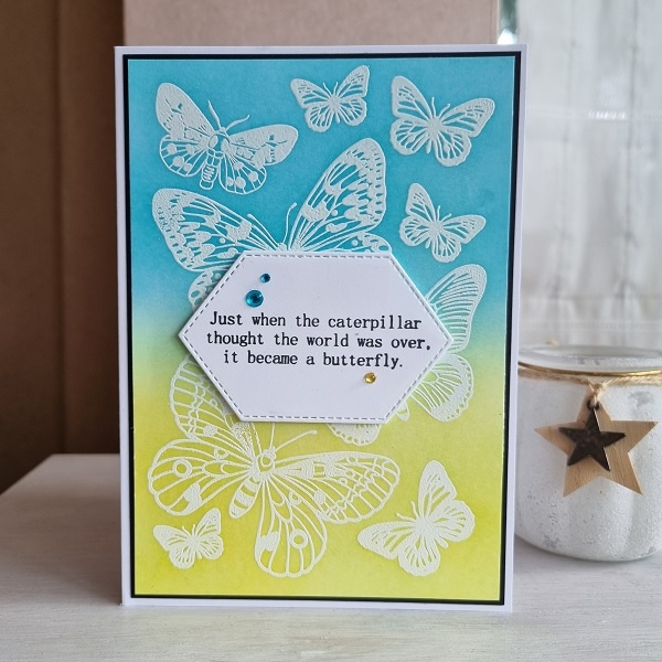 Wenskaart - caterpillar, butterfly (rups, vlinder)