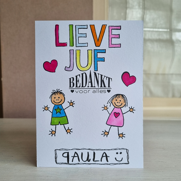 Wenskaart - Lieve juf (kleurplaat kaart)