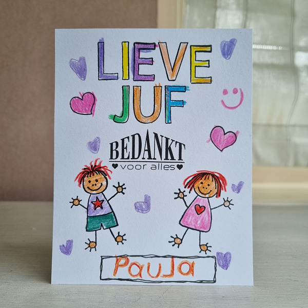 Wenskaart - Lieve juf (kleurplaat kaart)