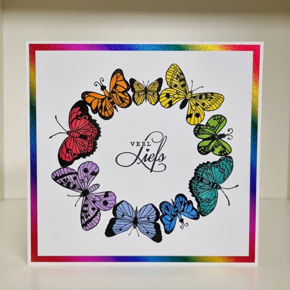 Wenskaart - Regenboog vlinders, veel liefs