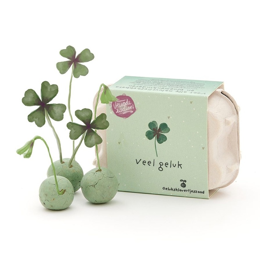 Veel geluk! Klavertje zaadbommetjes in eierdoosje