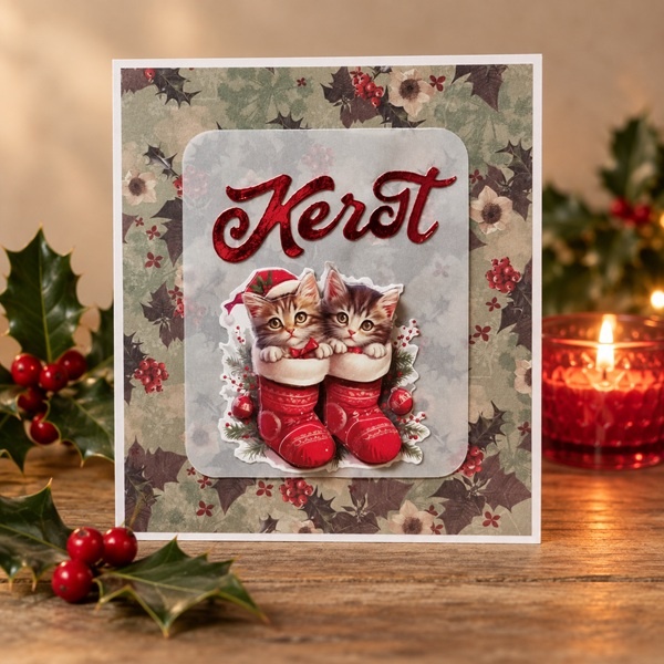 Kerstkaart - kittens in kerstsokken