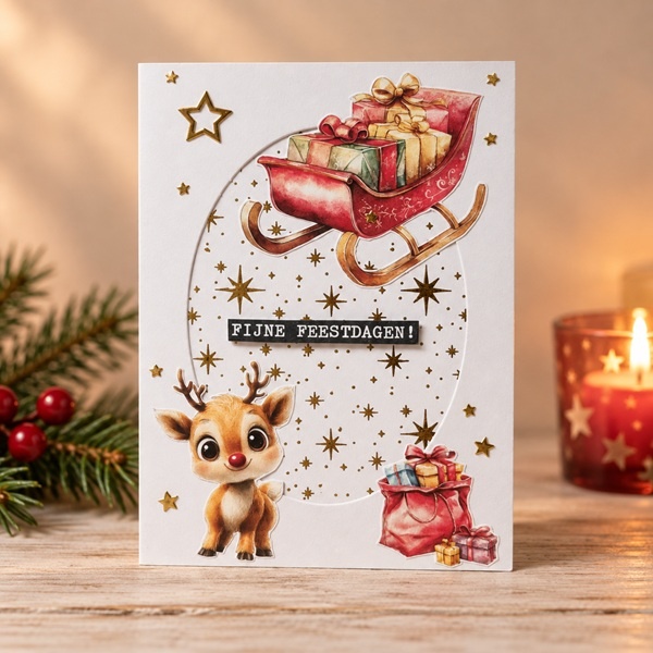 Kerstkaart - slee en rendier