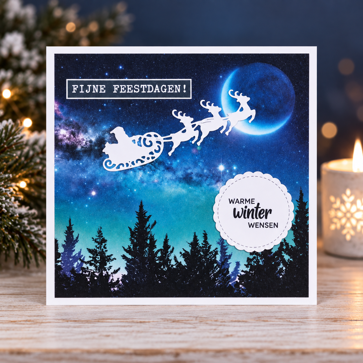 Kerstkaart - fijne feestdagen met slee en rendieren