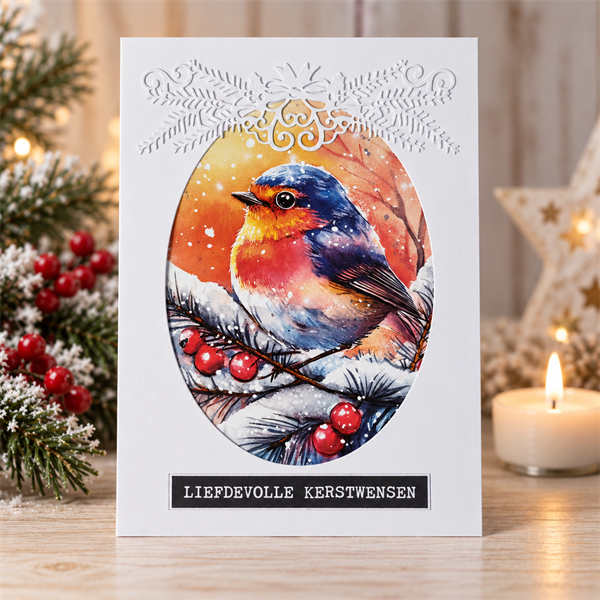 Handgemaakte kerstkaart Liefdevolle kerstwensen met roodborstje