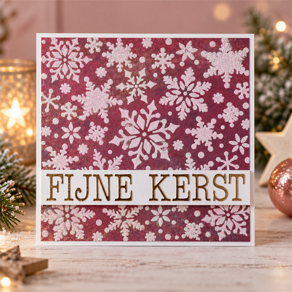 Handgemaakte kerstkaart Fijne kerst met glitterende sneeuwsterren