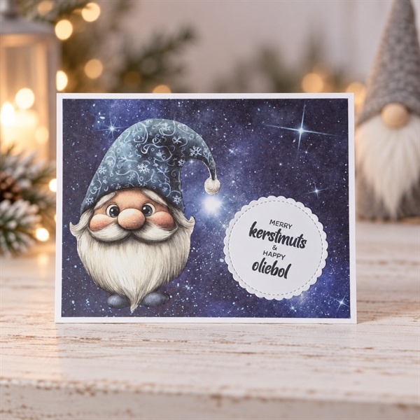 Handgemaakte kerstkaart Merry kerstmuts & happy oliebol met gnoom