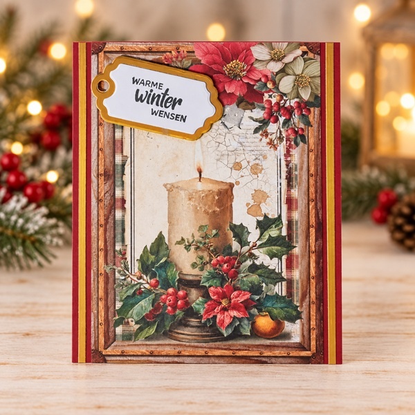 Handgemaakte kerstkaart Warme winterwensen met kaars en hulst