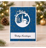Handgemaakte kerstkaart Prettige Kerstdagen met kerk en sterren