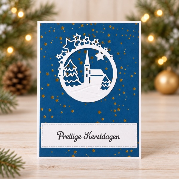 Handgemaakte kerstkaart Prettige Kerstdagen met kerk en sterren