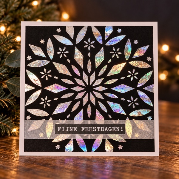 Handgemaakte kerstkaart Fijne feestdagen met holografische hot foil
