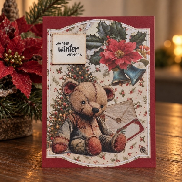 Handgemaakte kerstkaart Warme winterwensen met beertje