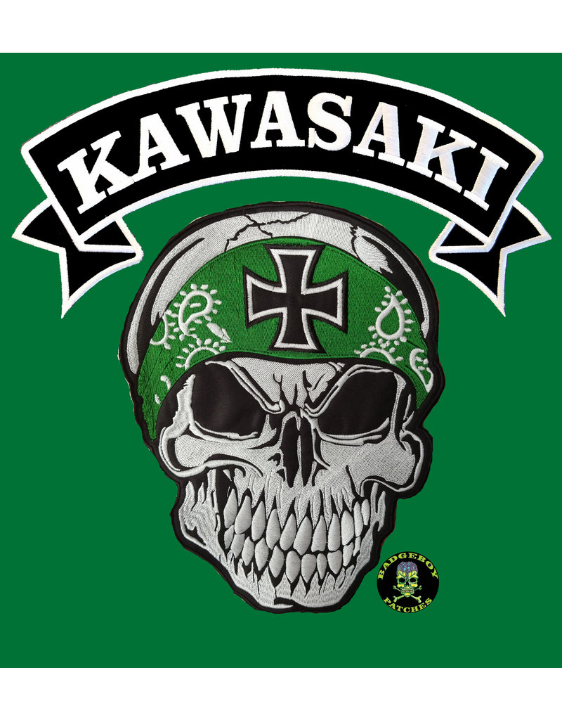 Badgeboy Skull with green bandana with Kawasaki banner