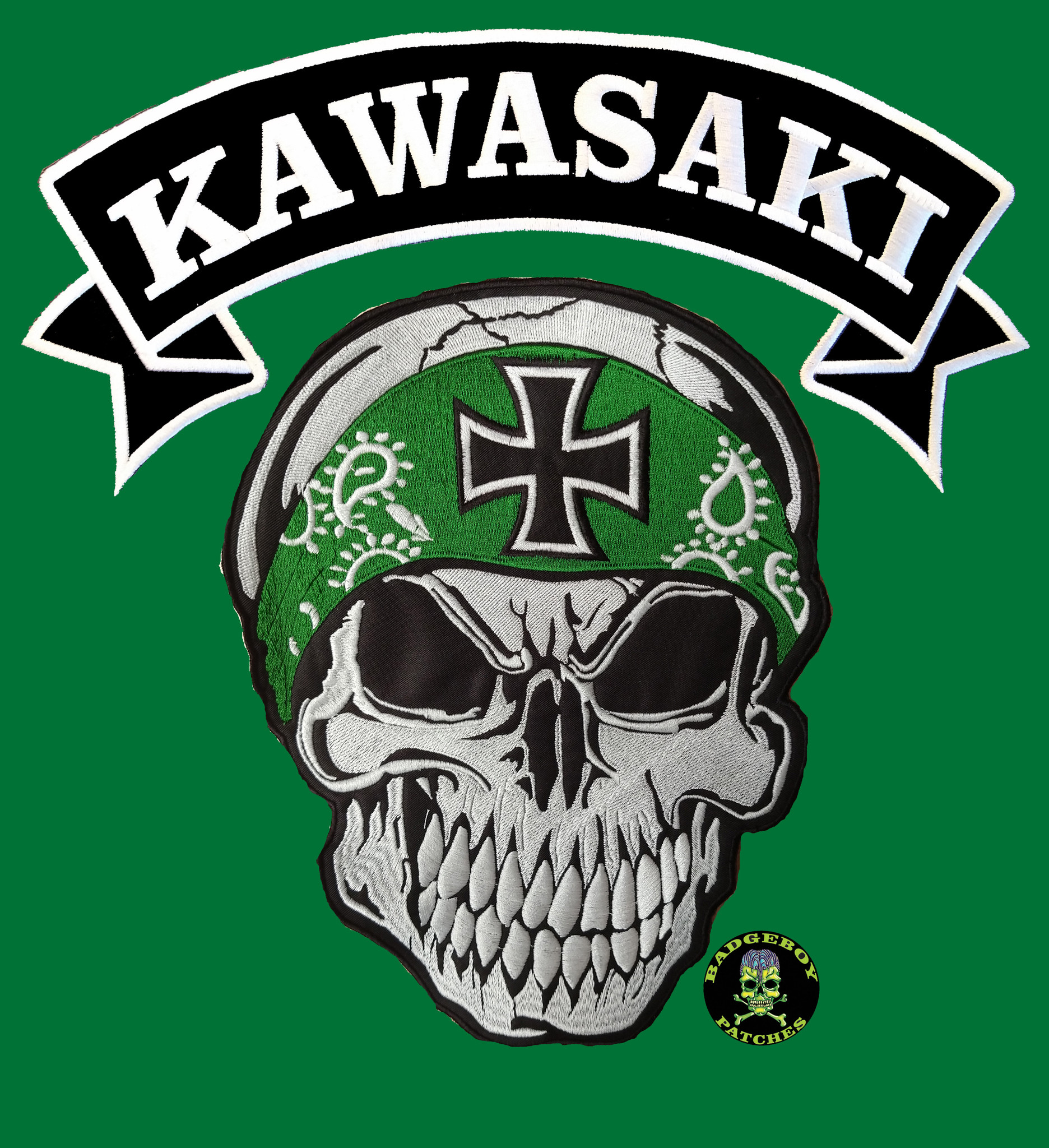 Skull with green bandana with Kawasaki banner - Badgeboy