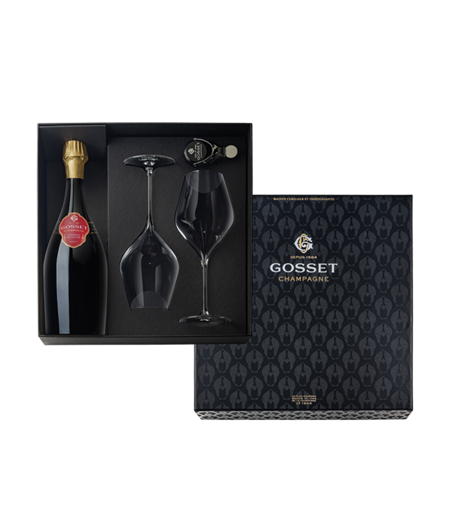 Champagne Gosset,  Giftbox incl. 1 fles Grande Reserve, 2 flûtes en 1 bottlestopper  0.75L