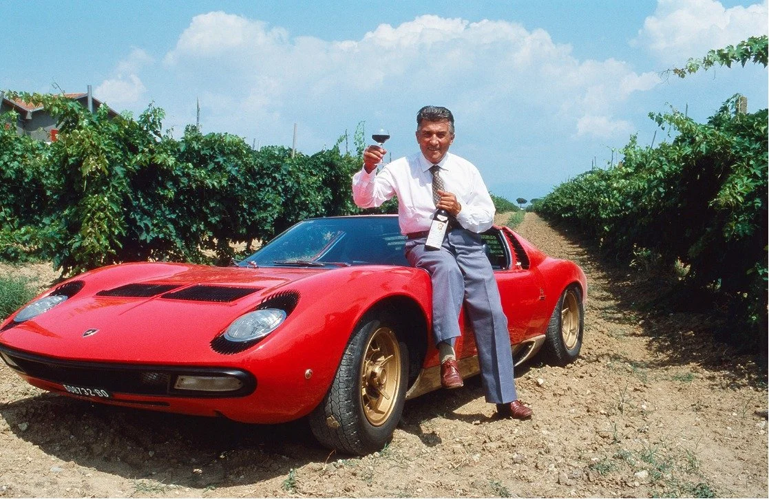 Lamborghini sportauto geparkeerd naast een wijngaard van Tenuta Lamborghini
