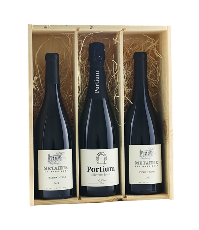 Houten kist, Geschenkkist 'Proef het Zuiden' inh. 3 flessen wijn