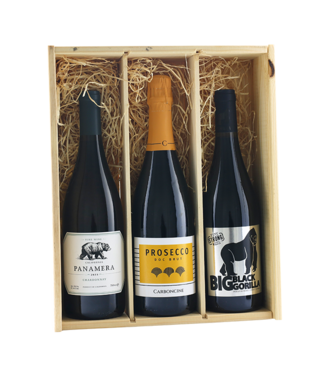 WIJNDEAL Houten kist, Geschenkkist 'Wijnreis' inh. 3 flessen wijn WIJNDEAL Houten kist, Geschenkkist 'Wijnreis' inh. 3 flessen wijn