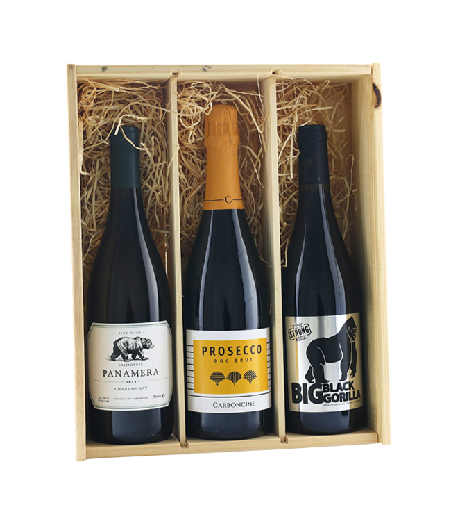 Houten kist, Geschenkkist 'Wijnreis' inh. 3 flessen wijn