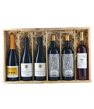 WIJNDEAL Houten kist, Geschenkkist 'Luxe Dinerbox' inh. 6 flessen wijn WIJNDEAL Houten kist, Geschenkkist 'Luxe Dinerbox' inh. 6 flessen wijn