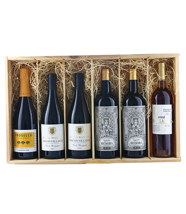 Houten kist, Geschenkkist 'Luxe Dinerbox' inh. 6 flessen wijn