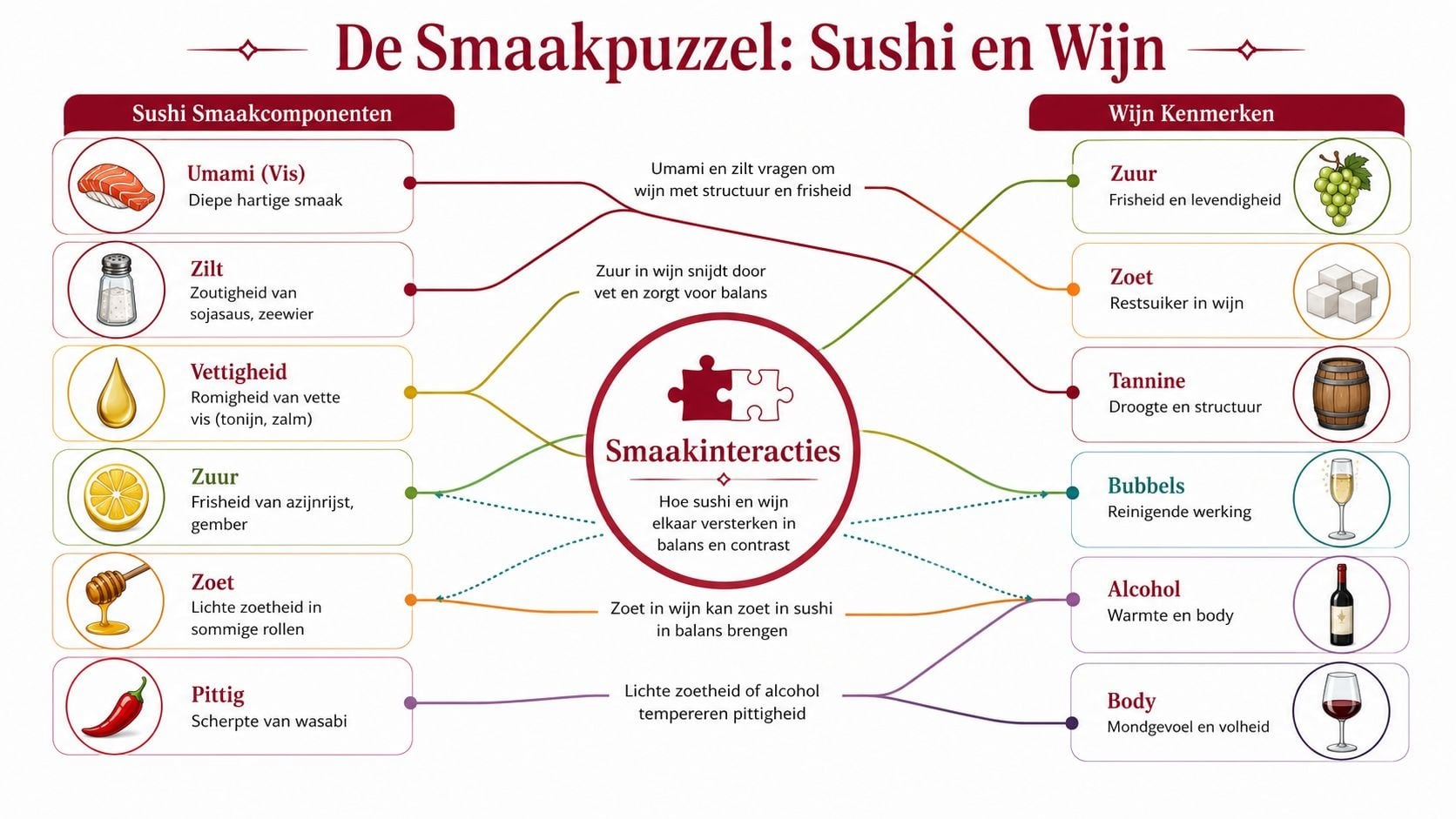de smaakpuzzel van sushi en wijn