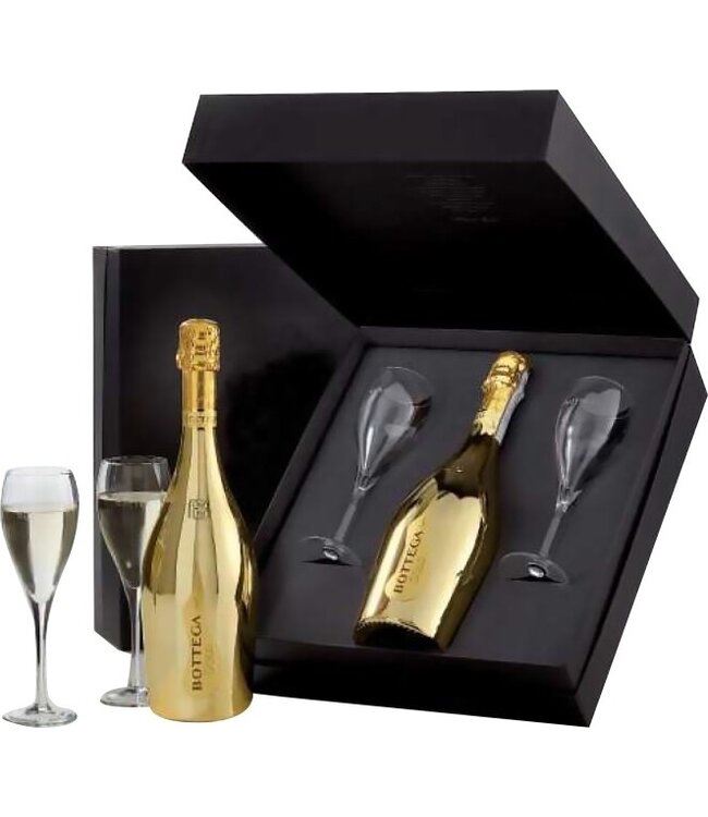 Bottega Gold Prosecco DOC Brut – Zwarte giftbox met 2 glazen – 0,75 liter