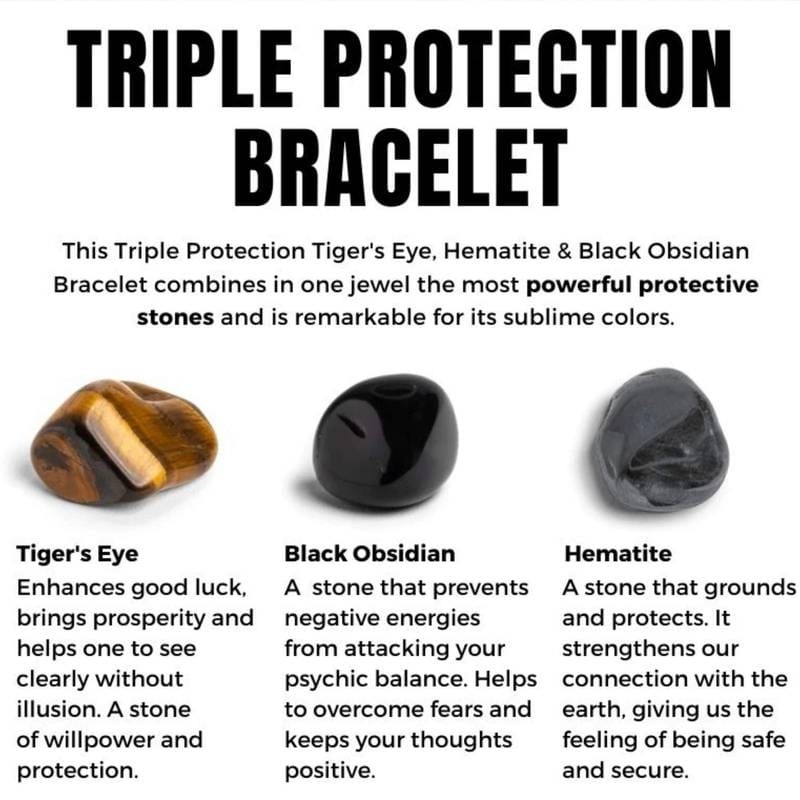 Beautiful Unisex Triple Protection Bracelet Tiger Eye Stone, Black