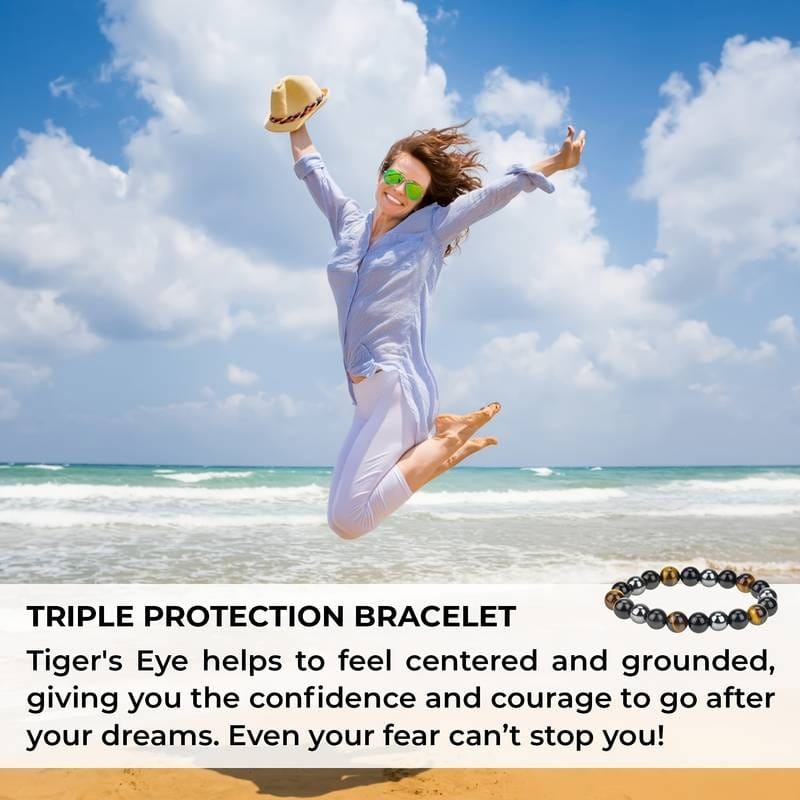 Beautiful Unisex Triple Protection Bracelet Tiger Eye Stone, Black