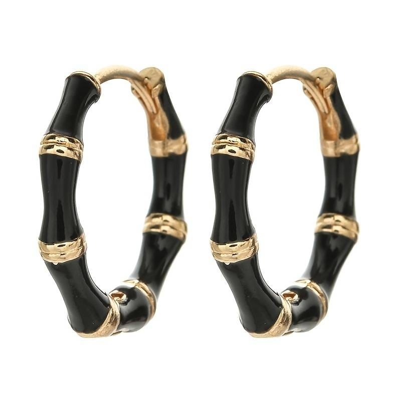 Amore Women's Black Bamboo Design Earrings, Gold Colored