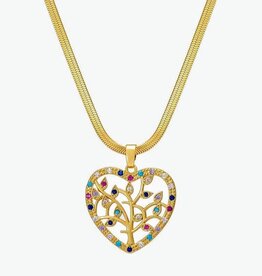 SOHI 18K Gold Plated Stainless Steel Necklace Heart with Family Tree and Zirconia, goldcoloured