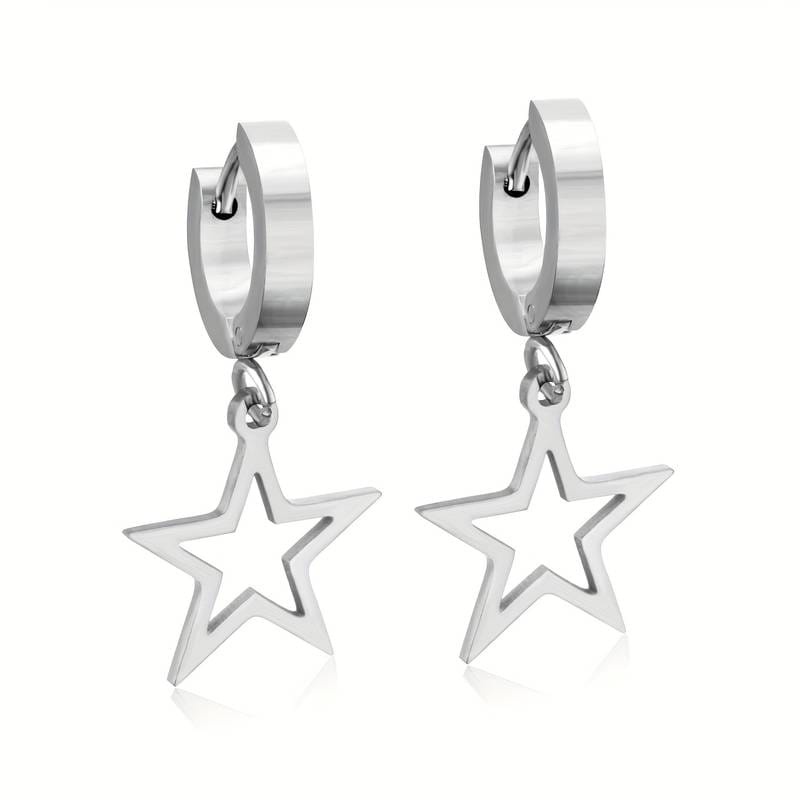 SOHI 18K Gold Plated Stainless Steel Hypoallergenic Ladies Hollow Star Earrings, silver-coloured