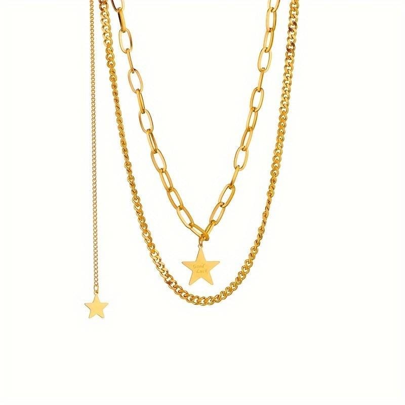 Goldplated  Dames Meerlaagse Ketting met hanger ster, geelgoud