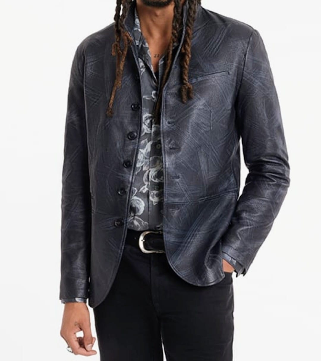 John Varvatos  Slim Fit Heren Leren Jacket, blauw